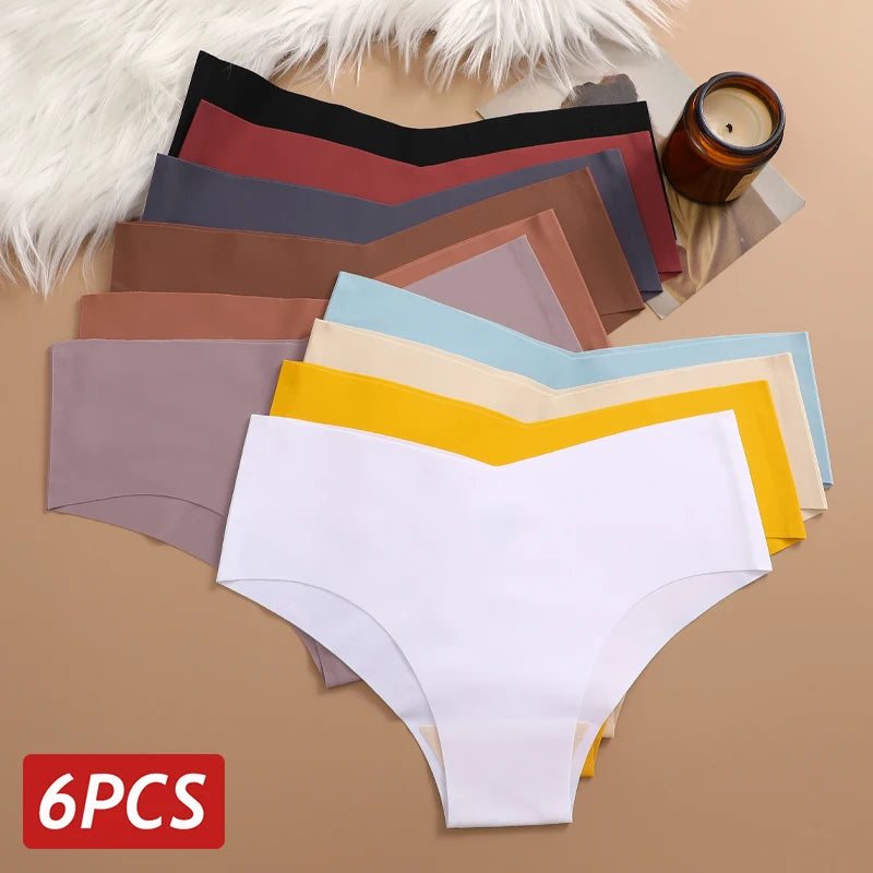 6PCS Women Seamless Panties Ice Silk Ultra Thin Briefs Sexy V Waist Underwear Female Breathable Lingerie Low Rise Underpants