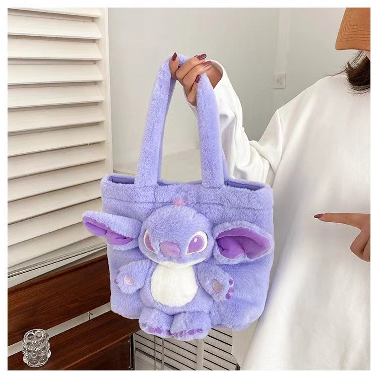 Disney 2024 New Cartoon Plush Doll Shoulder Bag Sweet and Cute Stitch Strawberry Bear Soft Cute Girls Handbag