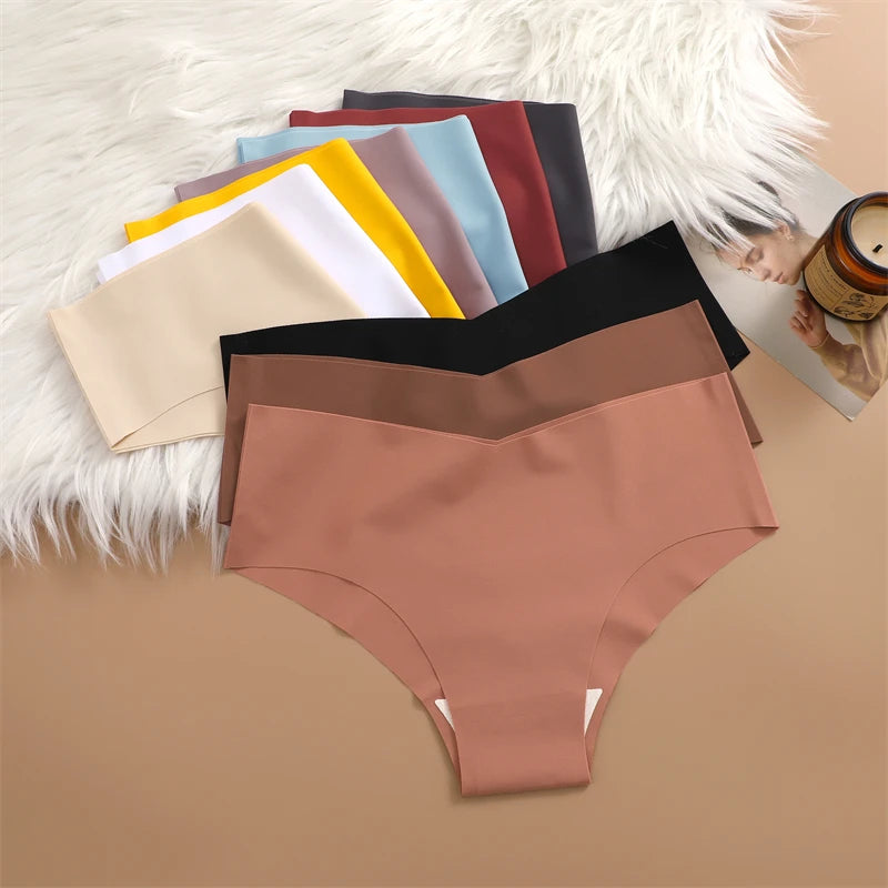 FINETOO 7PCS Women Ultra-thin Underpants Panties Seamless Briefs Sexy V-Waist Cozy Stretch Lingerie Female Solid Color Intimates