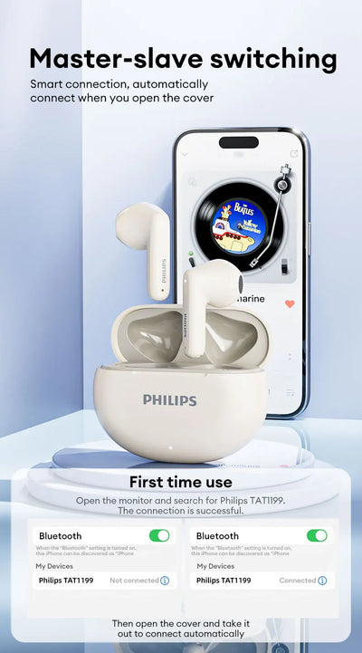 سماعات أذن TAT1199 اللاسلكية الأصلية من Philips بتقنية البلوتوث V5.4 مع خاصية إلغاء الضوضاء وسماعات الألعاب المقاومة للماء