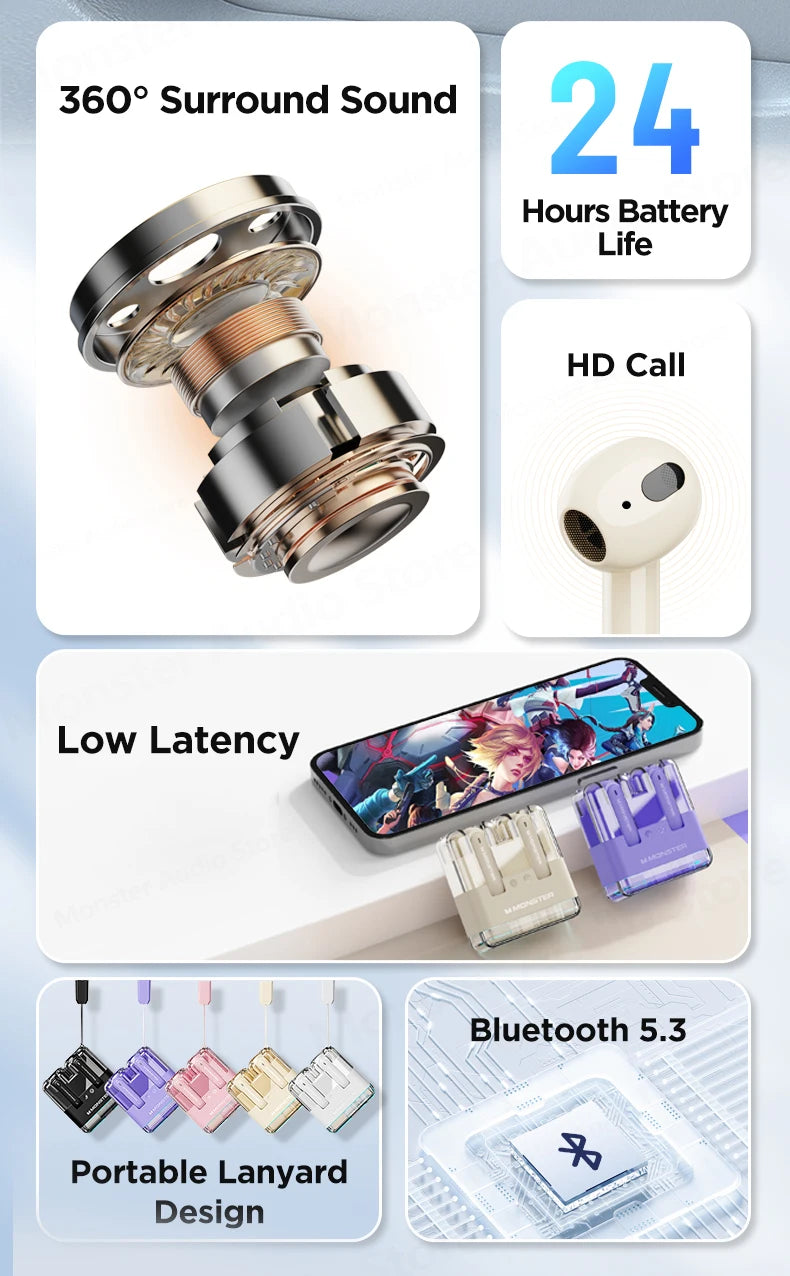 سماعات الألعاب الأصلية Monster XKT12 بتقنية البلوتوث 5.3 TWS وسماعات أذن لاسلكية بتقنية HIFI وسماعات أذن مضادة للضوضاء بسعة 300 مللي أمبير في الساعة
