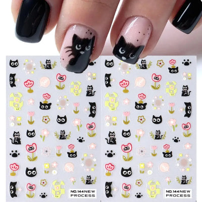 2pcs Black Cat Nail Stickers 3D Cute Cartoon Animal 3D Self-Adhesive Nail Art Decals Sliders Decorations Manicure Accessories