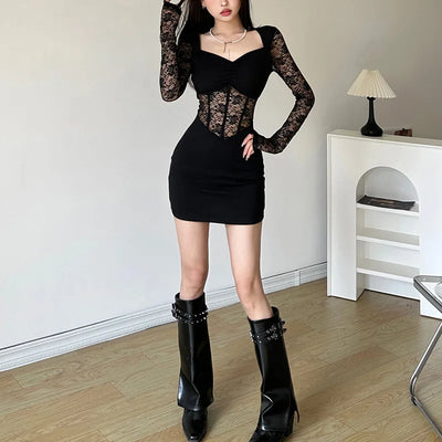 Nibber Black Mysterious Sexy Lace Stitching Mature Fishbone Beautiful Sweet Gentle Women'S Winter Long Sleeve Hip Short Dress