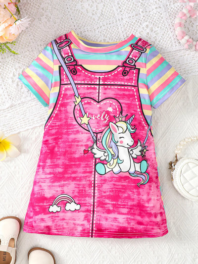 Summer girl's short sleeved round neck unicorn rainbow stripe print cute casual rose red dress