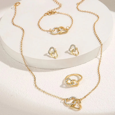 5 Piece Set Fashionable Elegant Gold Rhinestone Heart Shaped Decorative Jewelry Earrings Necklaces Bracelets Ring Combinations