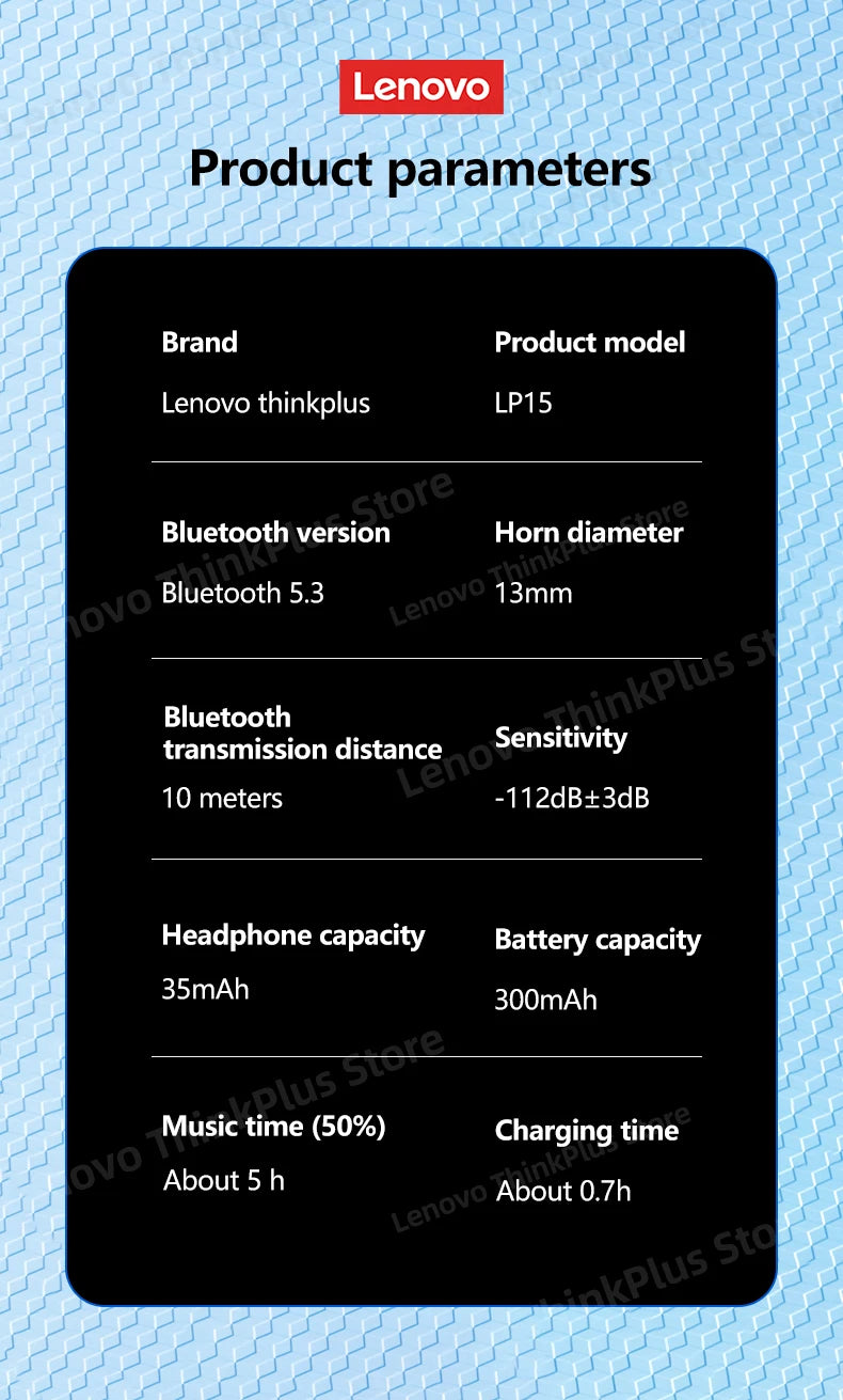 Lenovo LP15 TWS Wireless Bluetooth Headset 5.3 Touch Control Earphones Long Standby Earbuds Bass Low Latency Headphones 2023 New