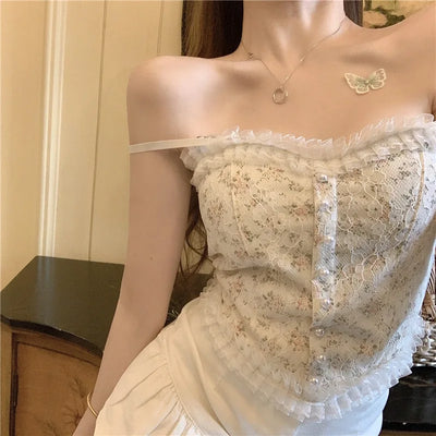 1pc Lace Sexy Floral Camisole Beautiful Back Wrapped Solid Color Hot Casual Sling Sleeveless Sweet Tank Top