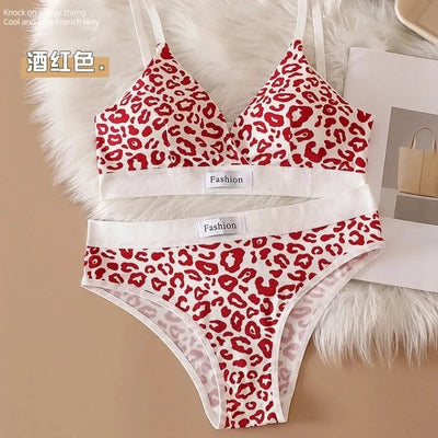 2024 Summer New Women's Leopard Print Traceless and Steel Rim Bra Adjustable Shoulder Strap Back Women's Underwear Set