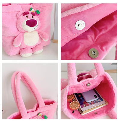 Disney 2024 New Cartoon Plush Doll Shoulder Bag Sweet and Cute Stitch Strawberry Bear Soft Cute Girls Handbag