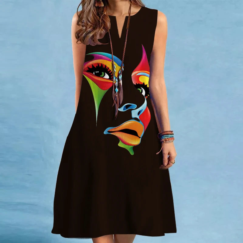 2024 European and American Cross-border WOMEN'S Clothing New Dress V-neck Sleeveless Sexy Printed Large Hem Medium Length Dress