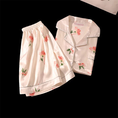 Cherries Print Two Pieces Pajamas Set Summer Faux Stain Pajamas Fashion Home Clothes Ladies Casual Shorts and Top Set Pijamas