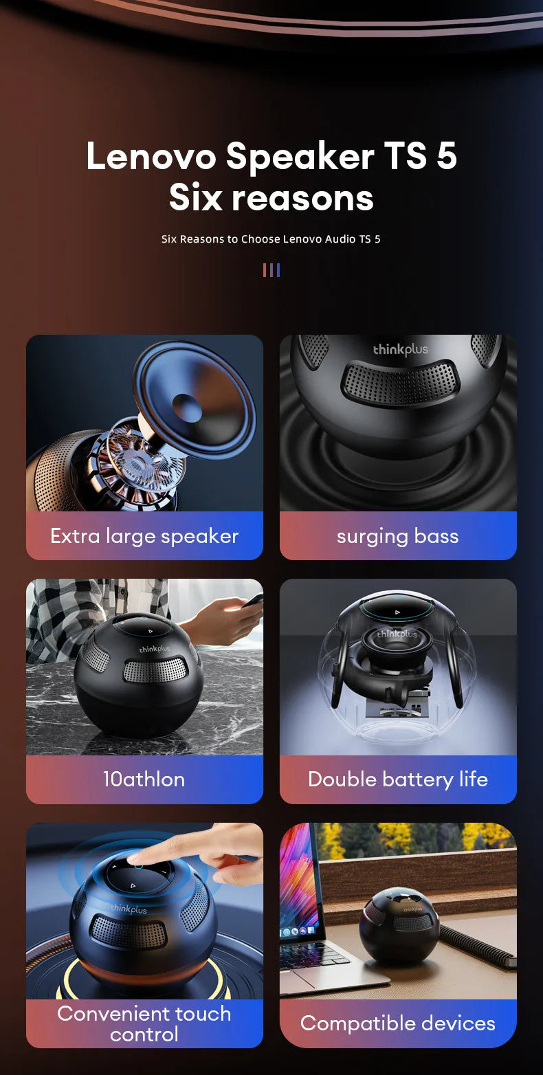 مكبر صوت TS5 الأصلي من لينوفو مزود بتقنية البلوتوث 5.3 ومشغل صوت محيطي محمول ومكبر صوت خارجي طويل الأمد جديد