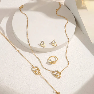 5 Piece Set Fashionable Elegant Gold Rhinestone Heart Shaped Decorative Jewelry Earrings Necklaces Bracelets Ring Combinations