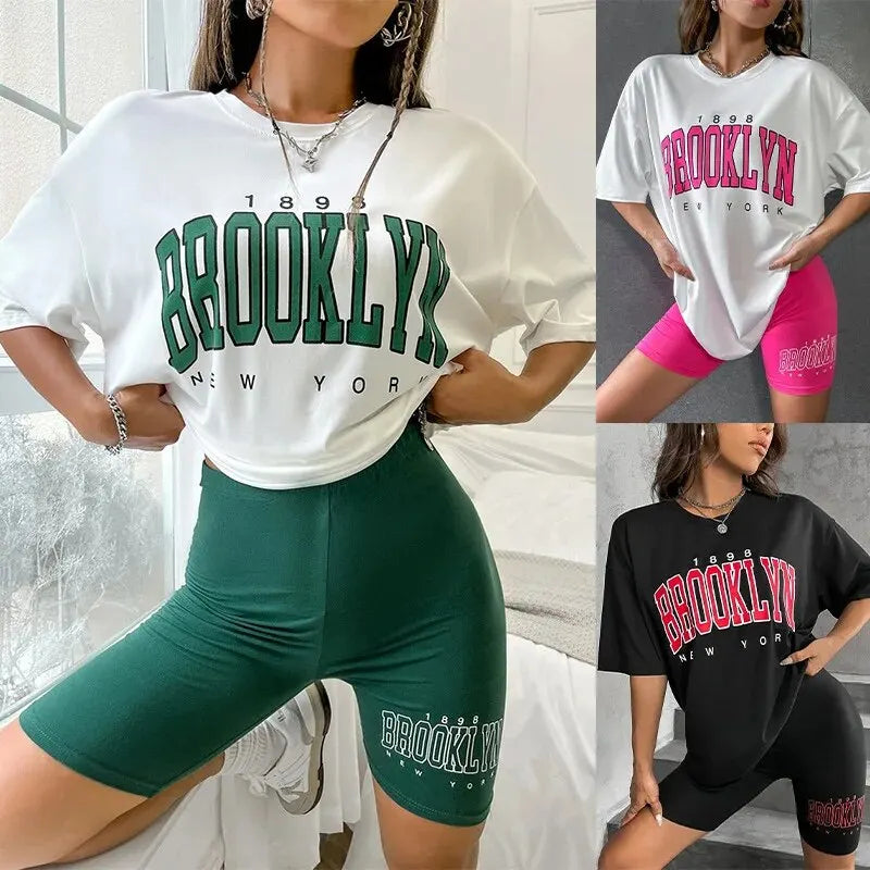 Europe and the United States Can Wear a Casual Suit WOMEN'S Pajamas Loose T-shirt Tight Shorts Slim Shorts Top