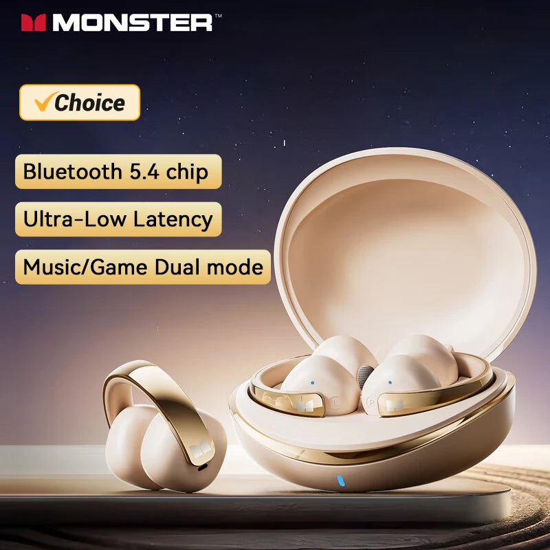 Choice Original Monster XKT30 TWS Wireless Bluetooth 5.4 Headset Ear Clip Touch Earphones Deep Bass Noise Reduction Game Earbuds