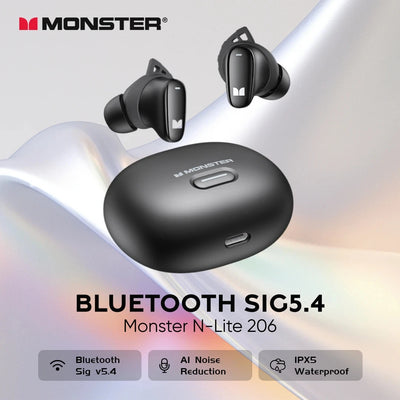 سماعات Monster N-LITE 206 Ture اللاسلكية بتقنية البلوتوث V5.4 IP5X سماعات أذن رياضية مقاومة للماء بصوت ستيريو عالي الدقة ووقت استجابة منخفض