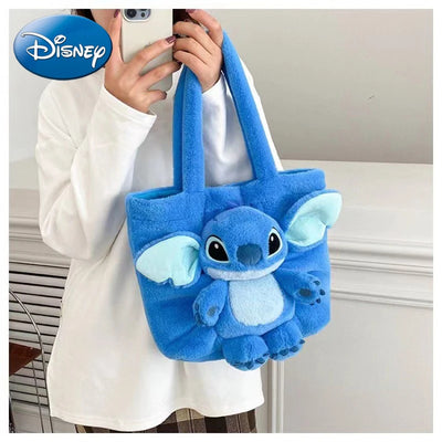 Disney 2024 New Cartoon Plush Doll Shoulder Bag Sweet and Cute Stitch Strawberry Bear Soft Cute Girls Handbag