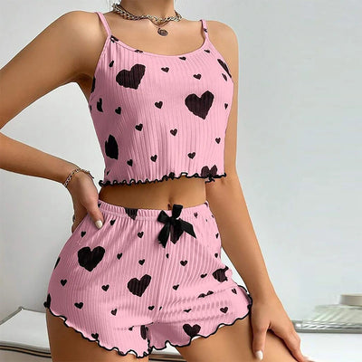 Women's Pajamas Set Sleepwear 2 PCS Short Tank Tops And Shorts S M L White Ventilate Soft Casual Love Printing