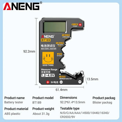 جهاز اختبار بطارية ANENG BT189 9V NDC AA AAA عالمي للاستخدام المنزلي بشاشة LCD أدوات اختبار بطارية كاشفة لبنك الطاقة