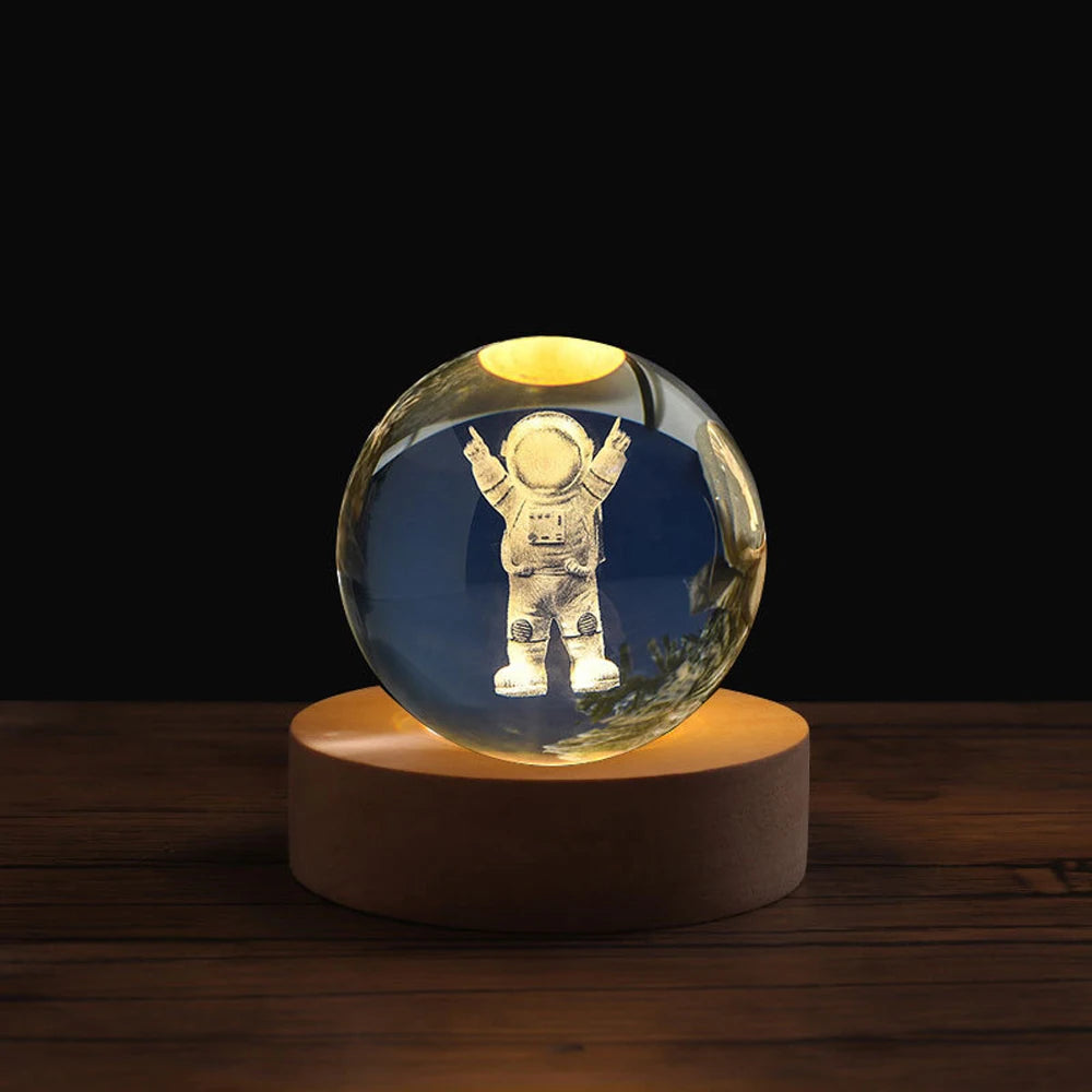 6cm 3D Crystal Ball Stitch Astronaut Solar System Saturn Milky Way Crystal Planet Night Light Laser Carving Children's Gifts