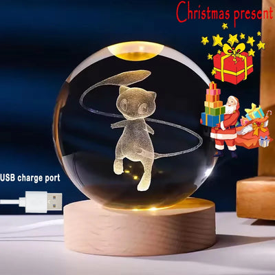 New 6cm 3D Crystal Ball Stitch Pokemon Wooden base with 6cm crystal ball Planet Night Light Laser Carving Christmas gifts