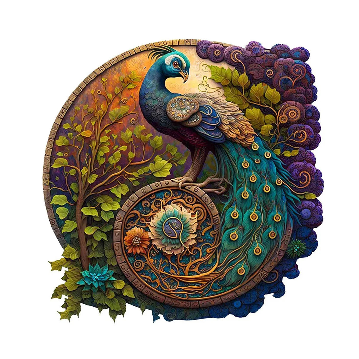 Unique Round Peacock Pattern Wooden Puzzle,Irregular Animal Shapes Jigsaw Puzzle,, The Gift for Halloween, Christmas, Birthday