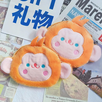 Kawaii cartoon Monkey Pig Chicken Penguin Animal party Embroidery storage bag Earphone bag Plush pendant coin purse toy portable