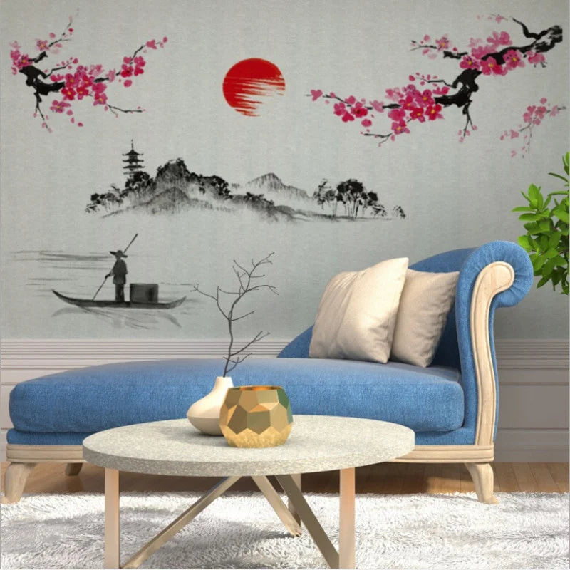 Chinese Style Sakura Japanese Pink Cherry Blossom Tree Decoration Mural Decals Wall Sticker Poster Wallpaper Decor.