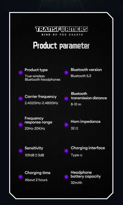 سماعات أذن لاسلكية Transformers MG-C03 بتقنية بلوتوث 5.3 TWS للألعاب والموسيقى ذات الوضع المزدوج وصوت عالي الدقة وسماعات منخفضة الكمون