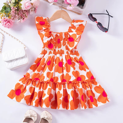 Summer Girl Dress Fashion Versatile Square Collar Girl Princess Dress New Print Sweet and Cute Dress Wholesale