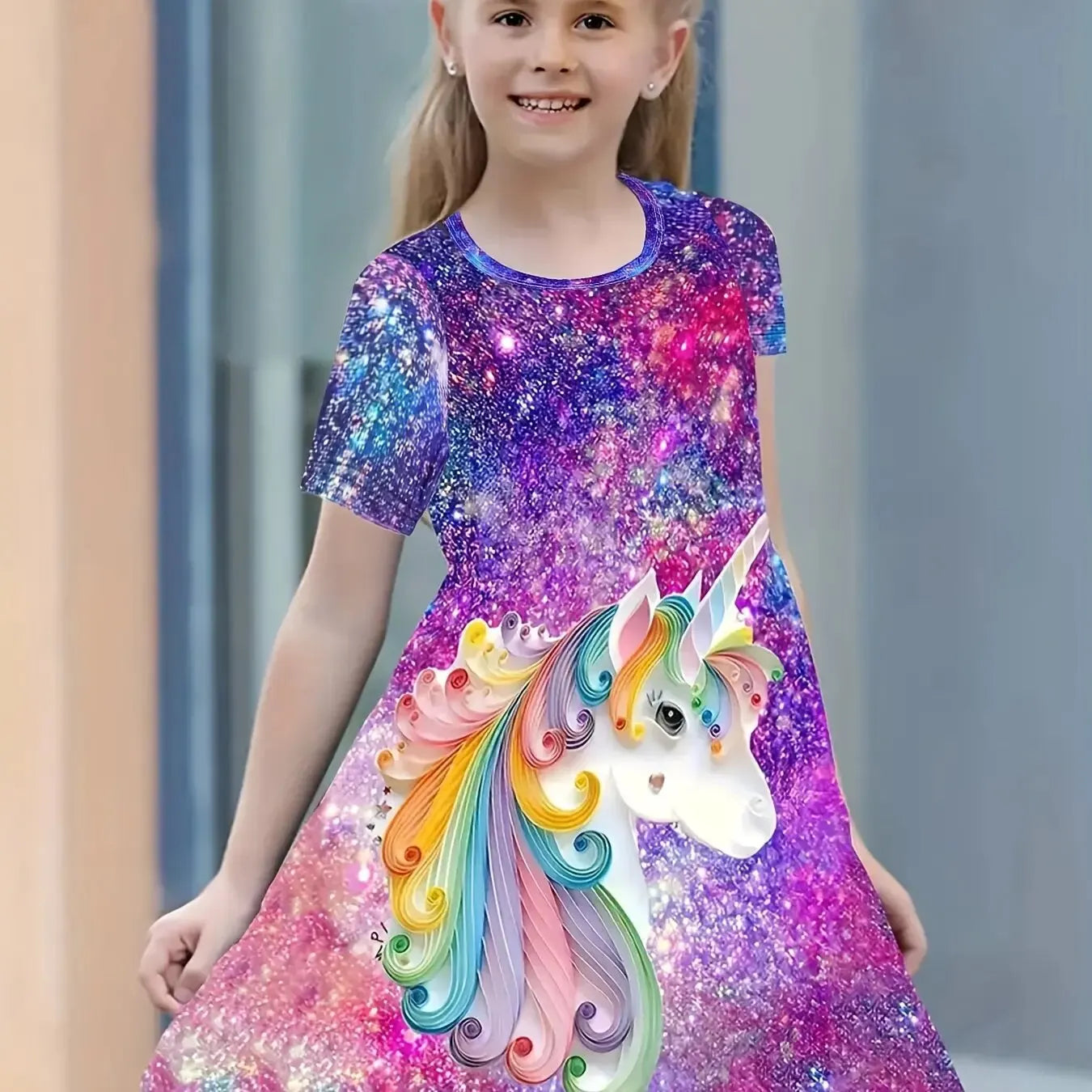 Girls Starry Unicorn Digital Print Round Neck Short Sleeve Party Casual Dress