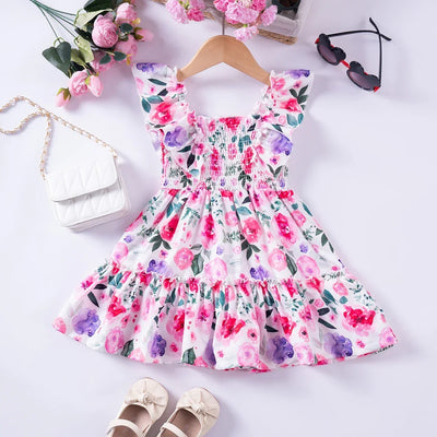 Summer Girl Dress Fashion Versatile Square Collar Girl Princess Dress New Print Sweet and Cute Dress Wholesale