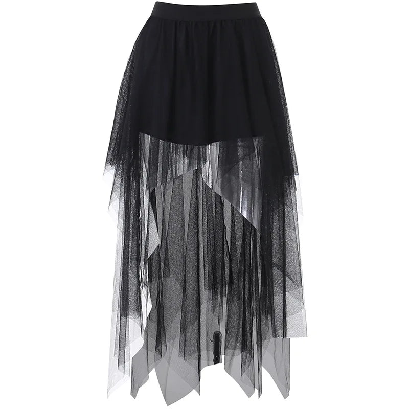 Sexy Net Yarn High-Waisted Irregular Skirt for Women Summer New European and American Gothic Style Versatile Casual Skirts